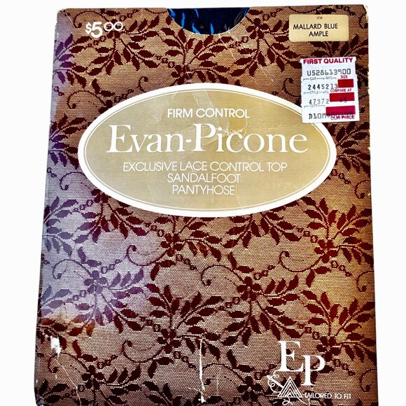 Evan-Picone Vintage Pantyhose MALLARD BLUE + VANILLA Lace Control size AMPLE - Picture 2 of 12